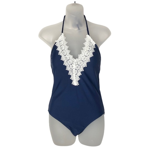 NEW Boutique Navy V-Neck Halter Lace Trim One Piece Swimsuit s - Picture 1 of 8
